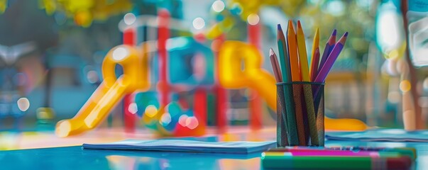 Fototapeta premium Colorful pencils in a holder with a blurred view of a children's playground background, emphasizing creativity and playfulness.