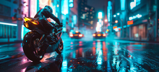 A futuristic motorcycle rider in full gear riding through a neon-lit city street at night, with reflections on the wet pavement, capturing the essence of urban adventure and modern technology