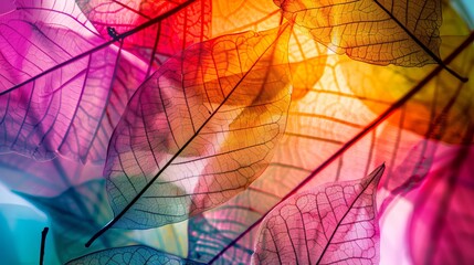 Colorful translucent leaves with intricate veins, showcasing a beautiful blend of red, orange, yellow, green, and blue hues in soft lighting.