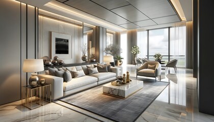 A luxury modern living room with high-end furniture, marble accents, and sleek decor, in a spacious setting. The room features an elegant sofa