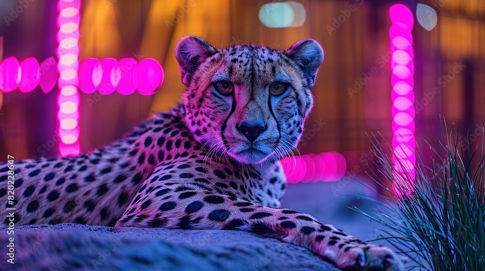 Poster a close-up of a cheetah resting on a rock in front of a building with lit background
