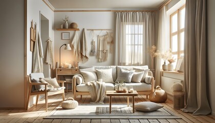 A Scandinavian-style living room with light wood furniture, cozy textiles, and neutral color tones, in a sunlit space. The room features a comfortable