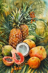 Fototapeta premium Tropical Fruits Arrangement with Pineapple, Papaya, and Coconut