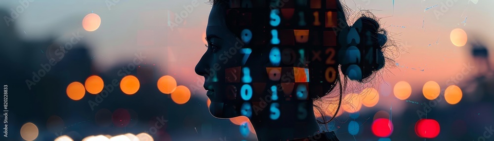 Poster silhouette of a woman with digital binary code projection on her face, representing technology and d