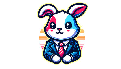 A cute rabbit in a suit and tie in a pop art style, with bright, contrasting colors. The rabbit should be distinct with clear outlines against a white