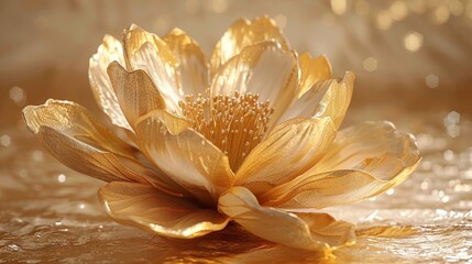   A yellow flower on a shiny table cloth with water droplets in the background