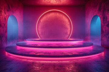 A sleek 3D podium with vibrant neon lighting effects, perfect for showcasing products or presentations in a modern and futuristic style