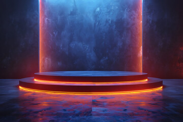 A futuristic 3D podium illuminated with vibrant neon lights, creating a striking and modern visual effect perfect for high-tech presentations or digital displays