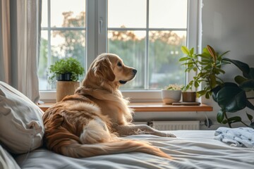 A dog is peacefully resting on a cozy bed, gazing through a window
