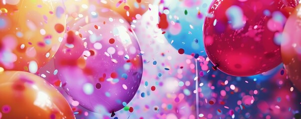 Vibrant celebration with colorful balloons and confetti, capturing the festive mood and joyful atmosphere for party or event decorations.