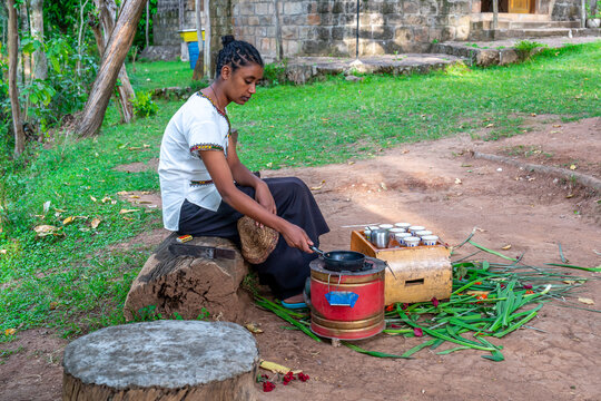 Ethiopia, a young woman prepares coffee in the  traditional way in Yirgalem South  Ethiopia. 25th  of  february 2024