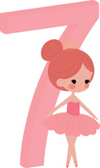 birthday number illustration for girls, with ballerina theme, number 7