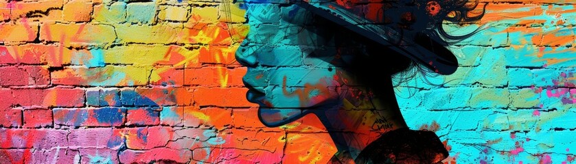 Vibrant street art mural featuring the colorful silhouette of a woman's profile, blending various shades on a brick wall background.