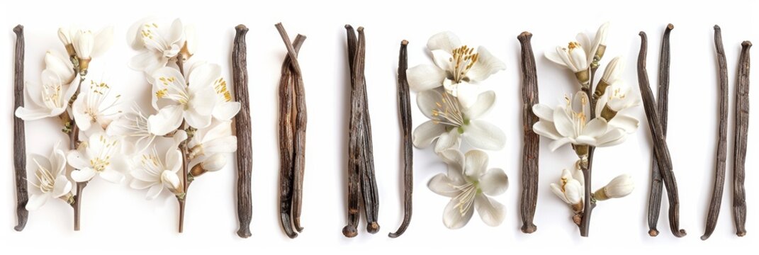 Vanilla pods and flowers set, orchid bean sticks, dry vanillin pods, natural aroma dessert ingredient
