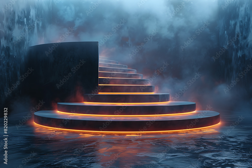 Poster a futuristic 3d podium illuminated with vibrant neon lights, creating a striking and modern visual e