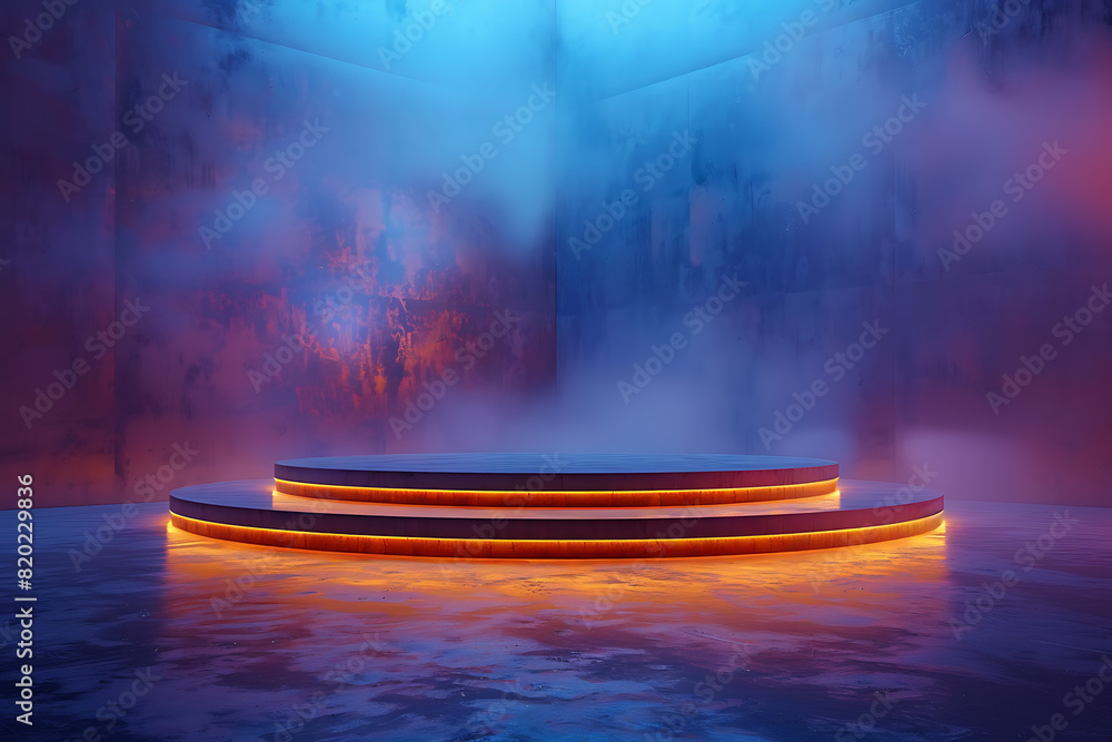 Poster a futuristic 3d podium illuminated with vibrant neon lights, creating a striking and modern visual e