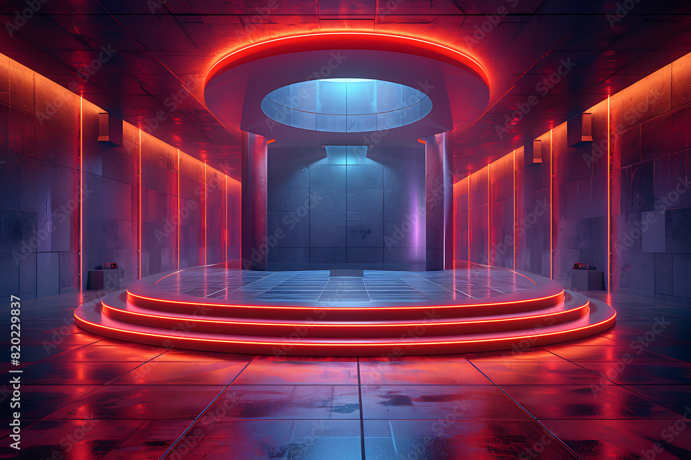 Poster a futuristic 3d podium illuminated with vibrant neon lights, creating a striking and modern visual e