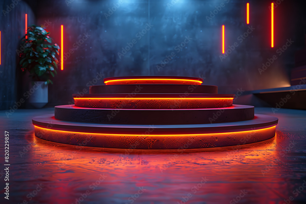 Poster a futuristic 3d podium illuminated with vibrant neon lights, creating a striking and modern visual e