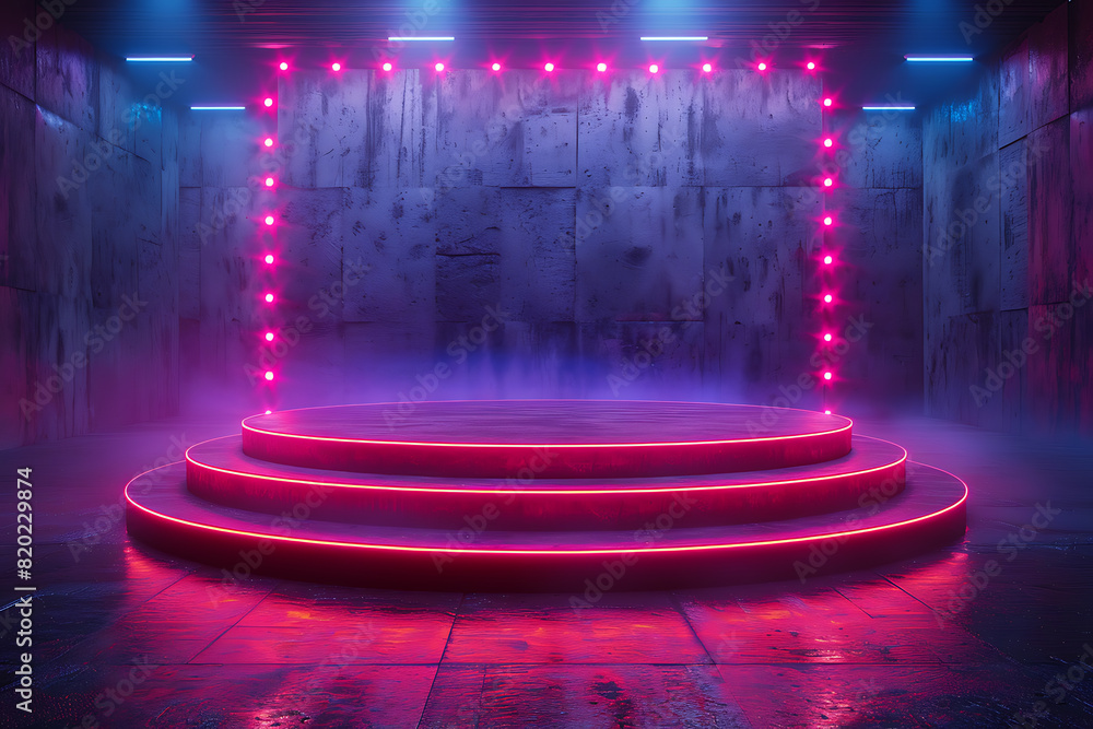Poster a futuristic 3d podium illuminated with vibrant neon lights, creating a striking and modern visual e