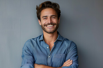 Obraz premium Handsome smiling business man in blue shirt isolated on gray background 