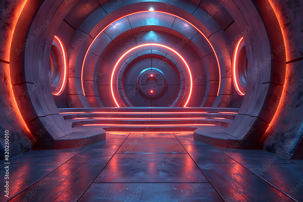 Poster a futuristic 3d podium illuminated with vibrant neon lights, creating a striking and modern visual e