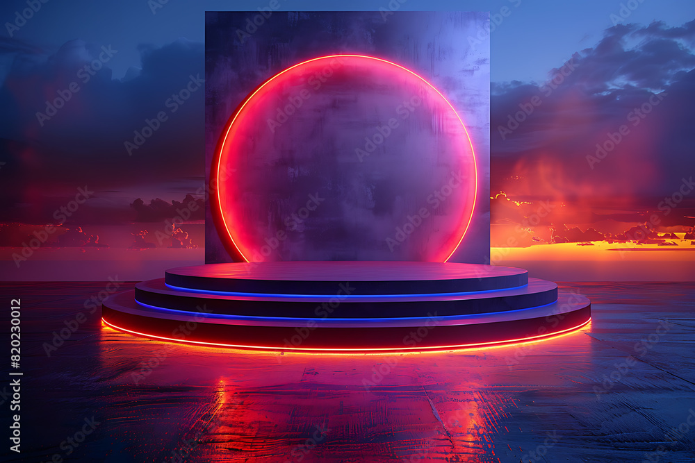 Poster a futuristic 3d podium illuminated with vibrant neon lights, creating a striking and modern visual e