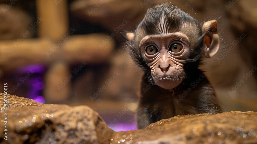 Poster a tiny monkey perched atop a rock with an adjacent pile of stones and a vibrant background illuminat