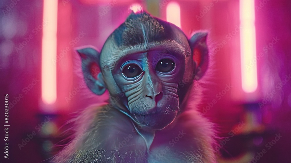 Poster a close-up of a monkey with a peculiar expression and a pink background illumination