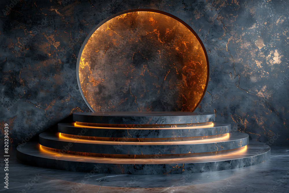 Poster a futuristic 3d podium illuminated with vibrant neon lights, creating a striking and modern visual e