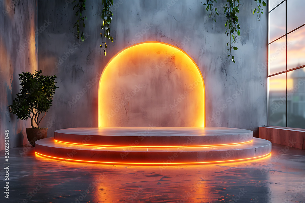 Poster a futuristic 3d podium illuminated with vibrant neon lights, creating a striking and modern visual e