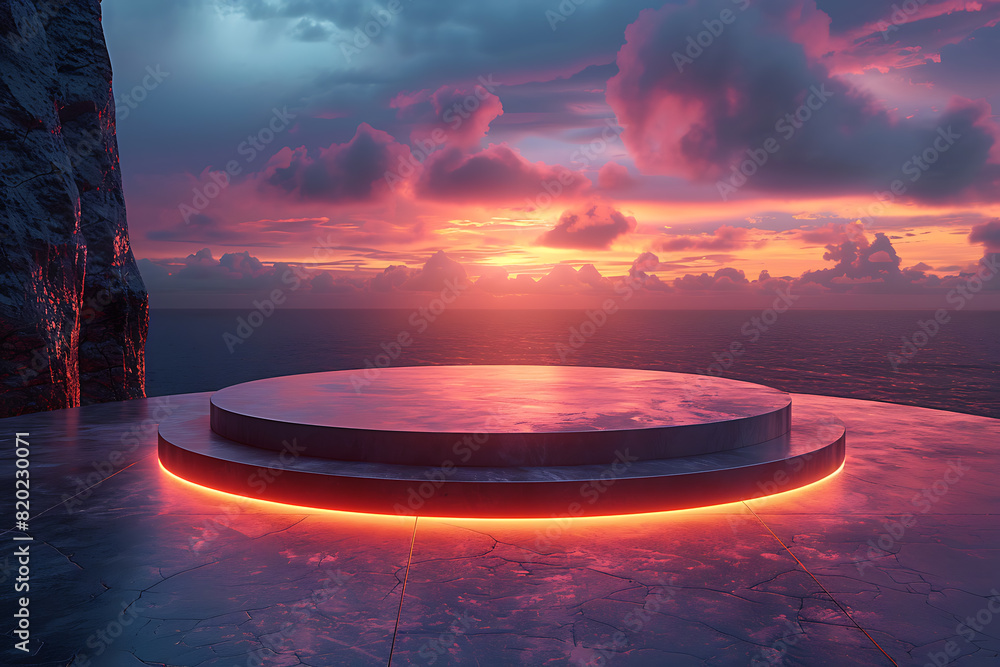 Poster a futuristic 3d podium illuminated with vibrant neon lights, creating a striking and modern visual e