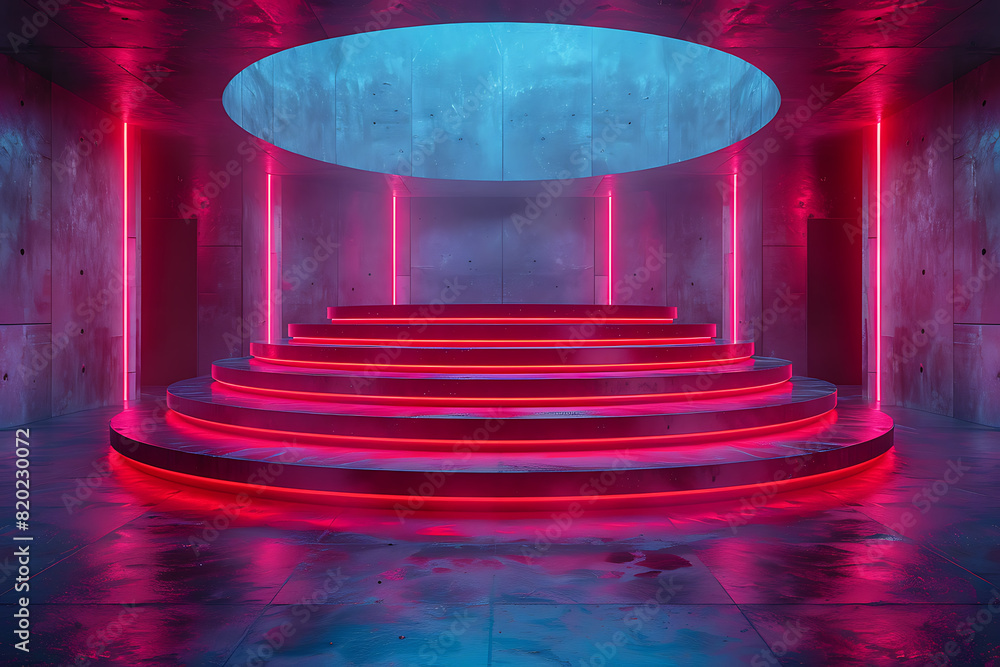 Poster a futuristic 3d podium illuminated with vibrant neon lights, creating a striking and modern visual e
