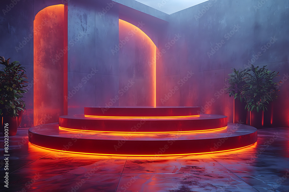 Poster a futuristic 3d podium illuminated with vibrant neon lights, creating a striking and modern visual e