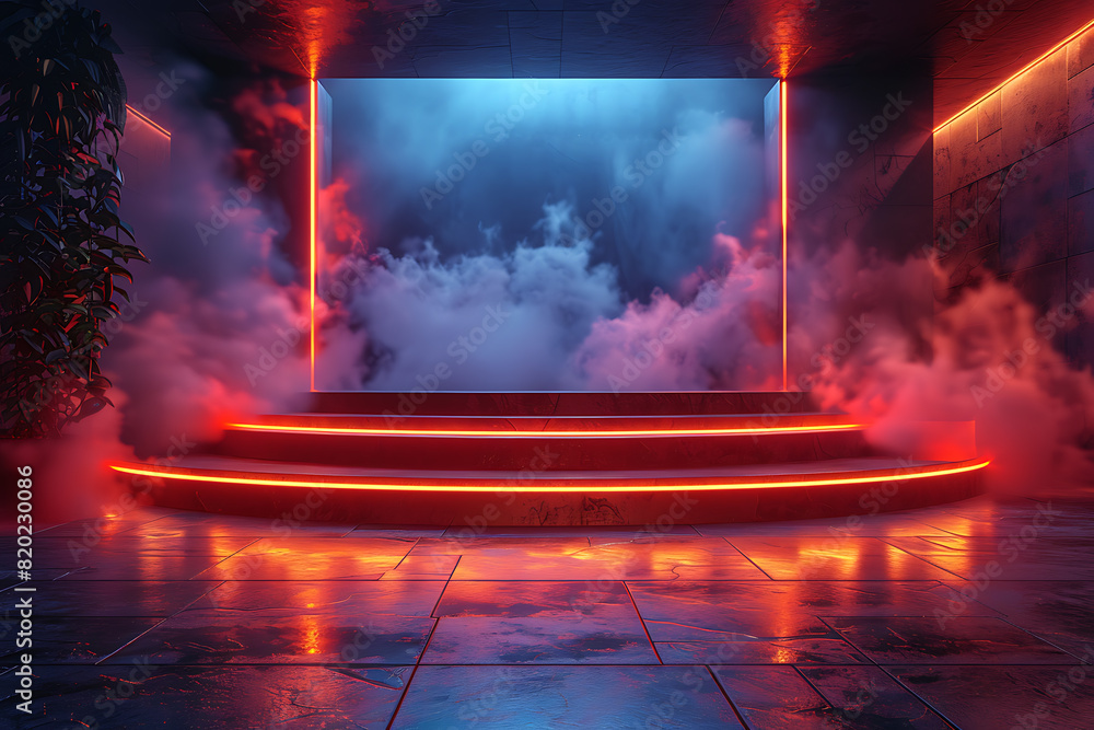 Poster a futuristic 3d podium illuminated with vibrant neon lights, creating a striking and modern visual e