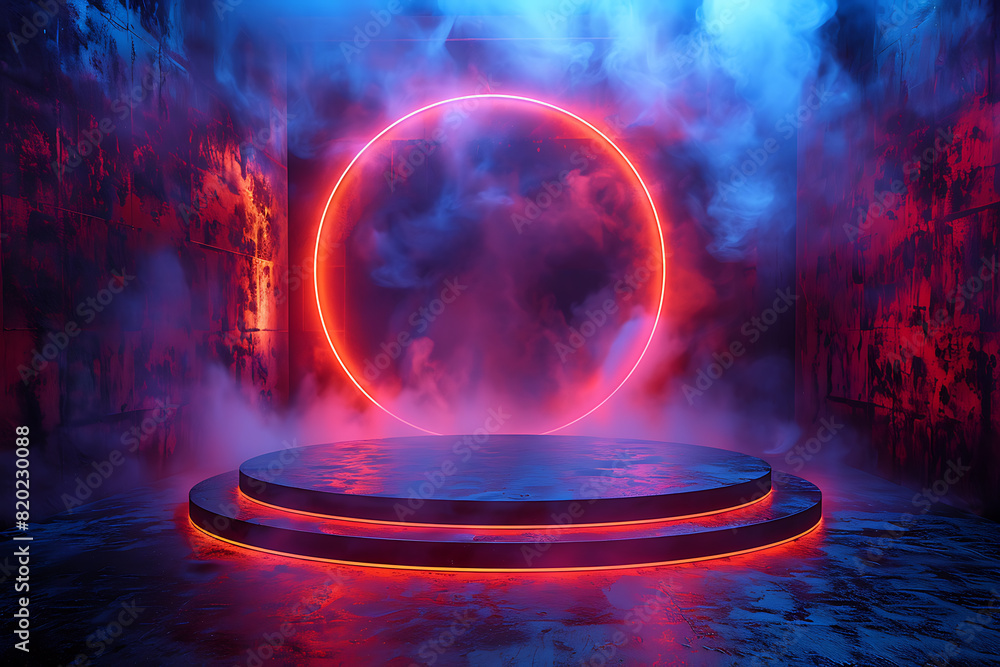 Poster a futuristic 3d podium illuminated with vibrant neon lights, creating a striking and modern visual e