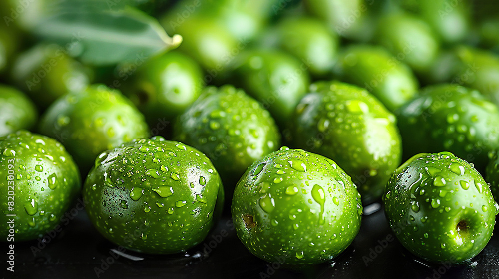 Poster a group of green apples arranged in three stacks in front of each other