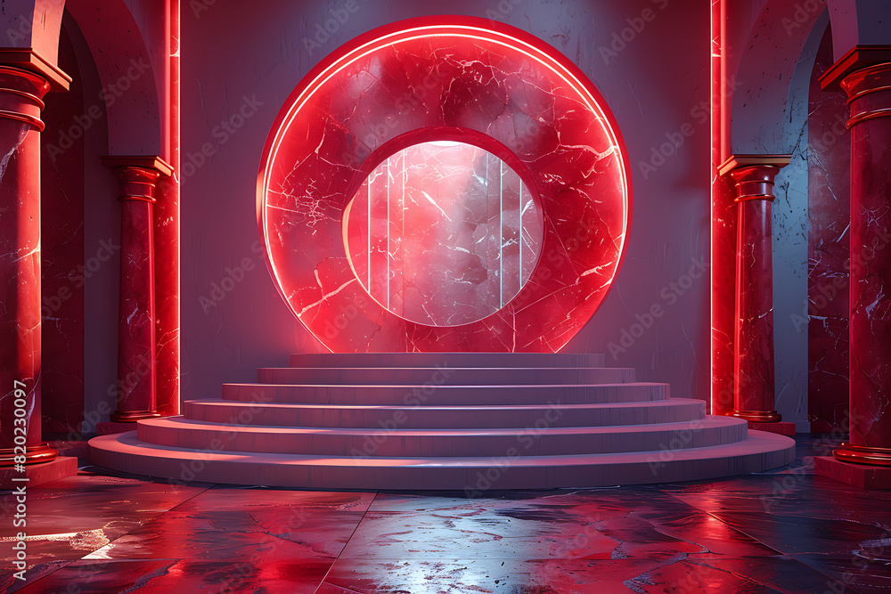 Poster a futuristic 3d podium illuminated with vibrant neon lights, creating a striking and modern visual e