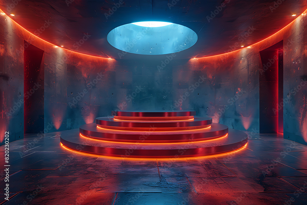 Poster a futuristic 3d podium illuminated with vibrant neon lights, creating a striking and modern visual e