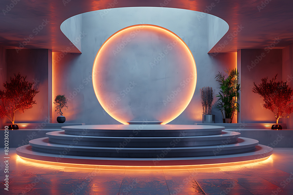 Poster a futuristic 3d podium illuminated with vibrant neon lights, creating a striking and modern visual e