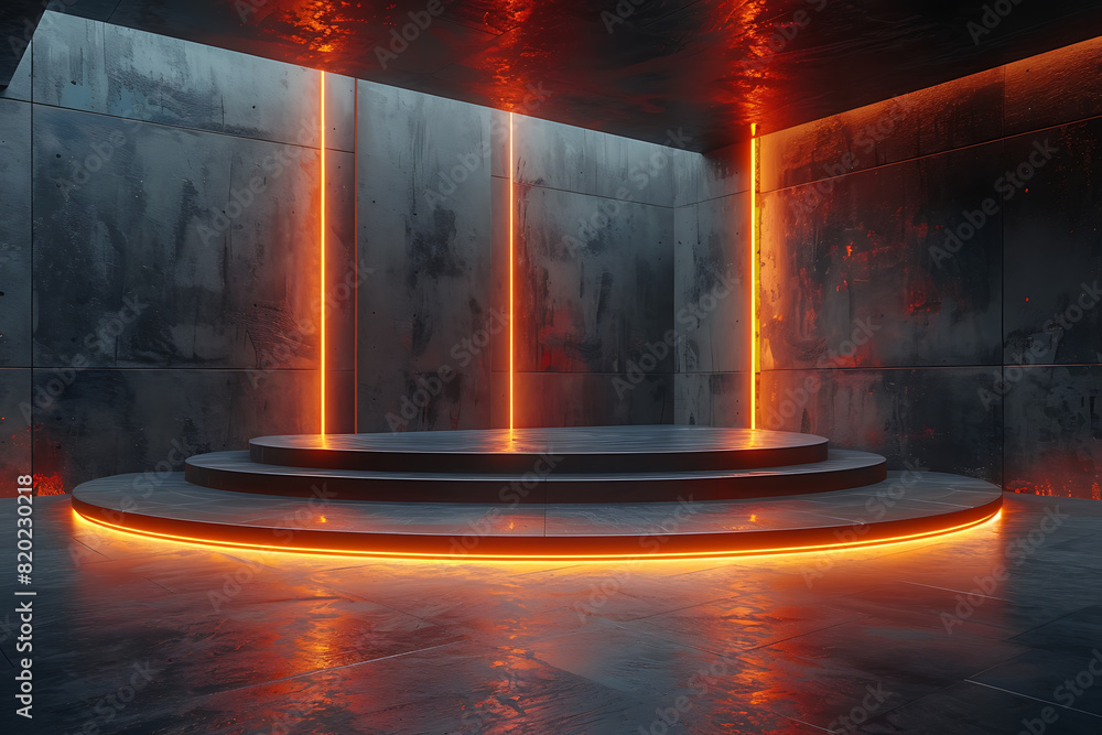 Poster a futuristic 3d podium illuminated with vibrant neon lights, creating a striking and modern visual e
