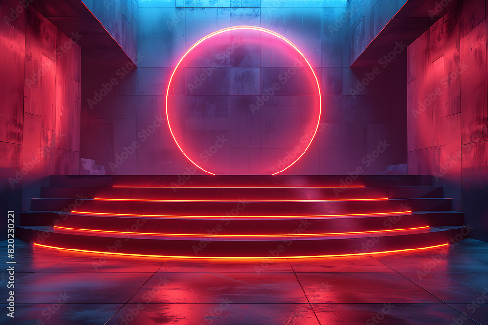 Poster a futuristic 3d podium illuminated with vibrant neon lights, creating a striking and modern visual e