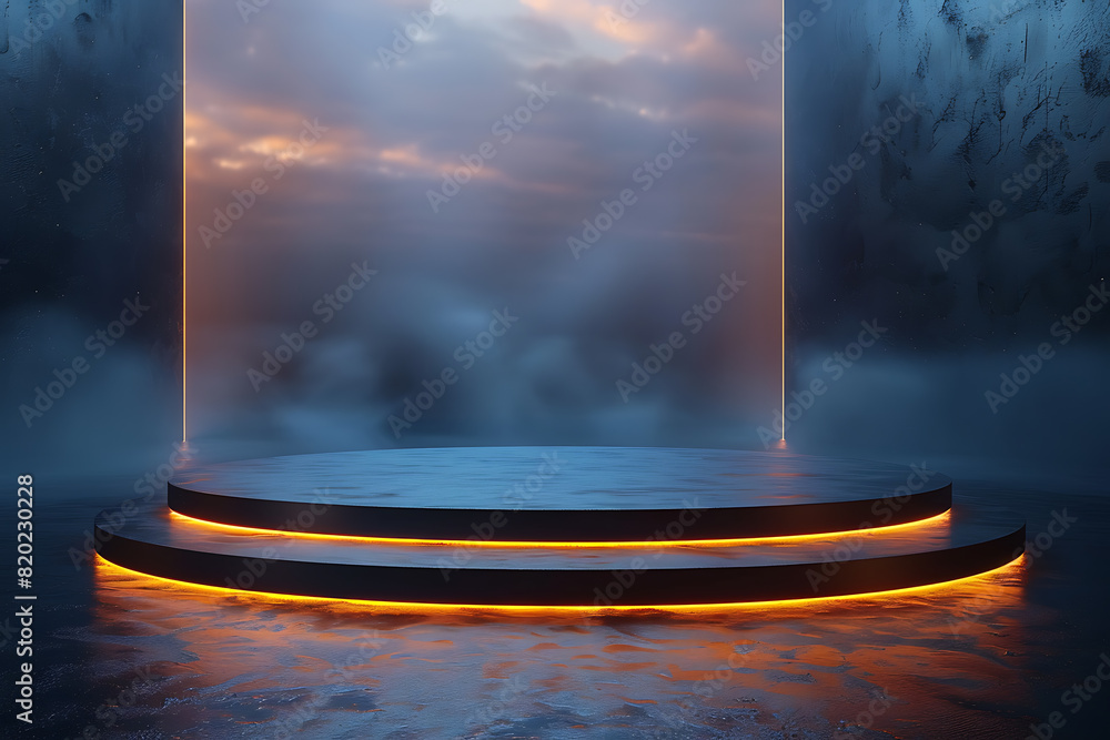 Poster a futuristic 3d podium illuminated with vibrant neon lights, creating a striking and modern visual e