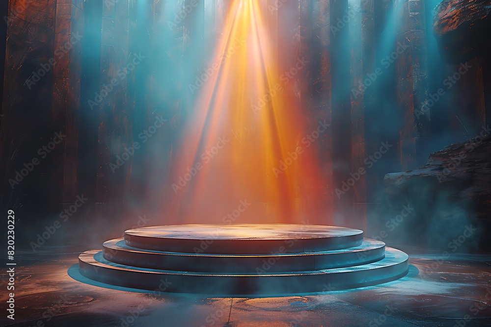 Poster a futuristic 3d podium illuminated with vibrant neon lights, creating a striking and modern visual e