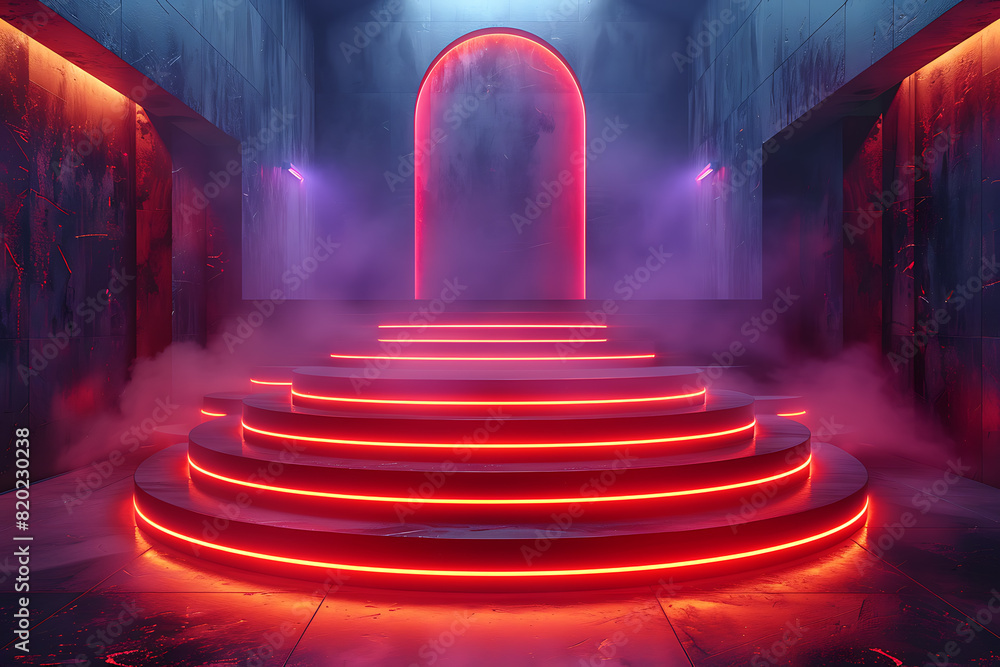 Poster a futuristic 3d podium illuminated with vibrant neon lights, creating a striking and modern visual e