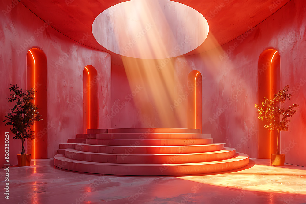 Poster a futuristic 3d podium illuminated with vibrant neon lights, creating a striking and modern visual e