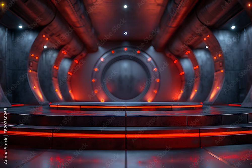 Poster a futuristic 3d podium illuminated with vibrant neon lights, creating a striking and modern visual e