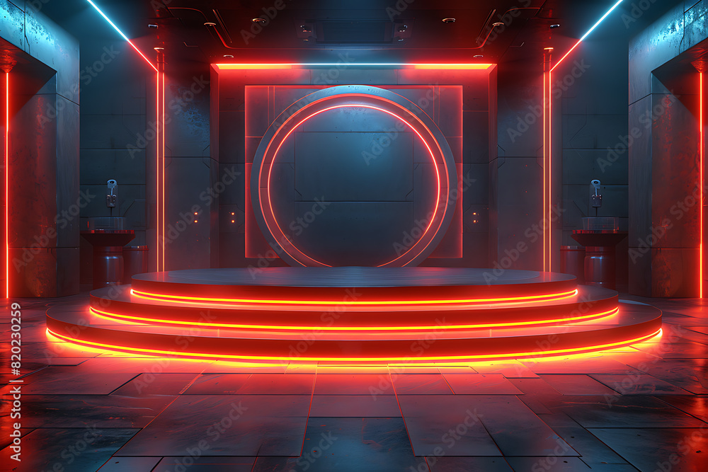 Poster a futuristic 3d podium illuminated with vibrant neon lights, creating a striking and modern visual e