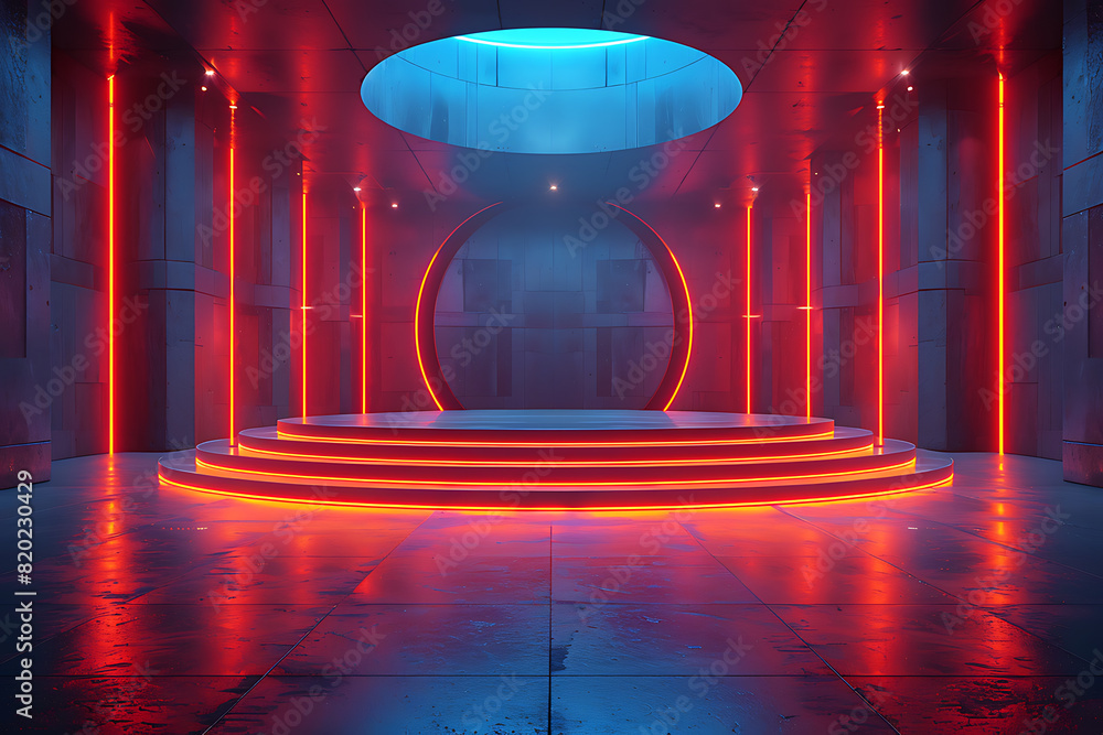 Poster a futuristic 3d podium illuminated with vibrant neon lights, creating a striking and modern visual e