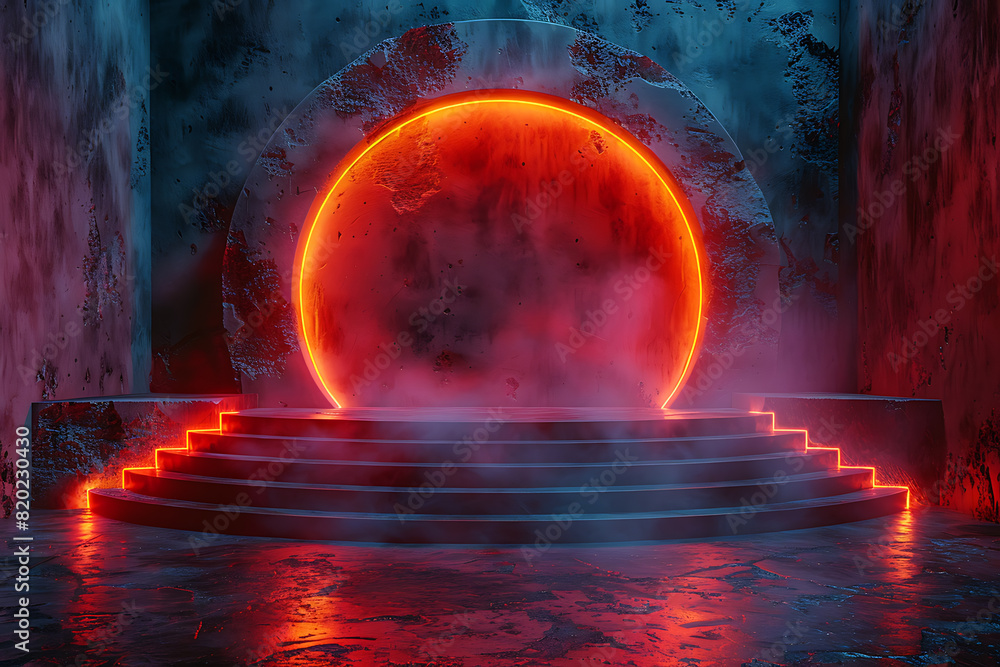 Poster a futuristic 3d podium illuminated with vibrant neon lights, creating a striking and modern visual e