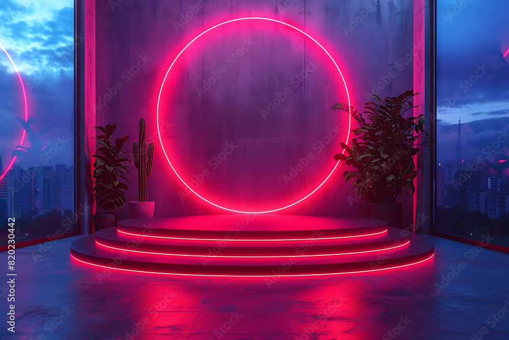 Poster a futuristic 3d podium illuminated with vibrant neon lights, creating a striking and modern visual e